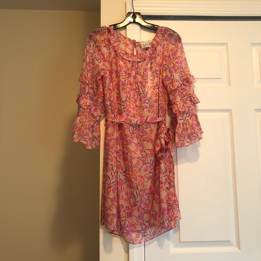SALONI  Lori Floral Silk Sash-Tie Mini Dress